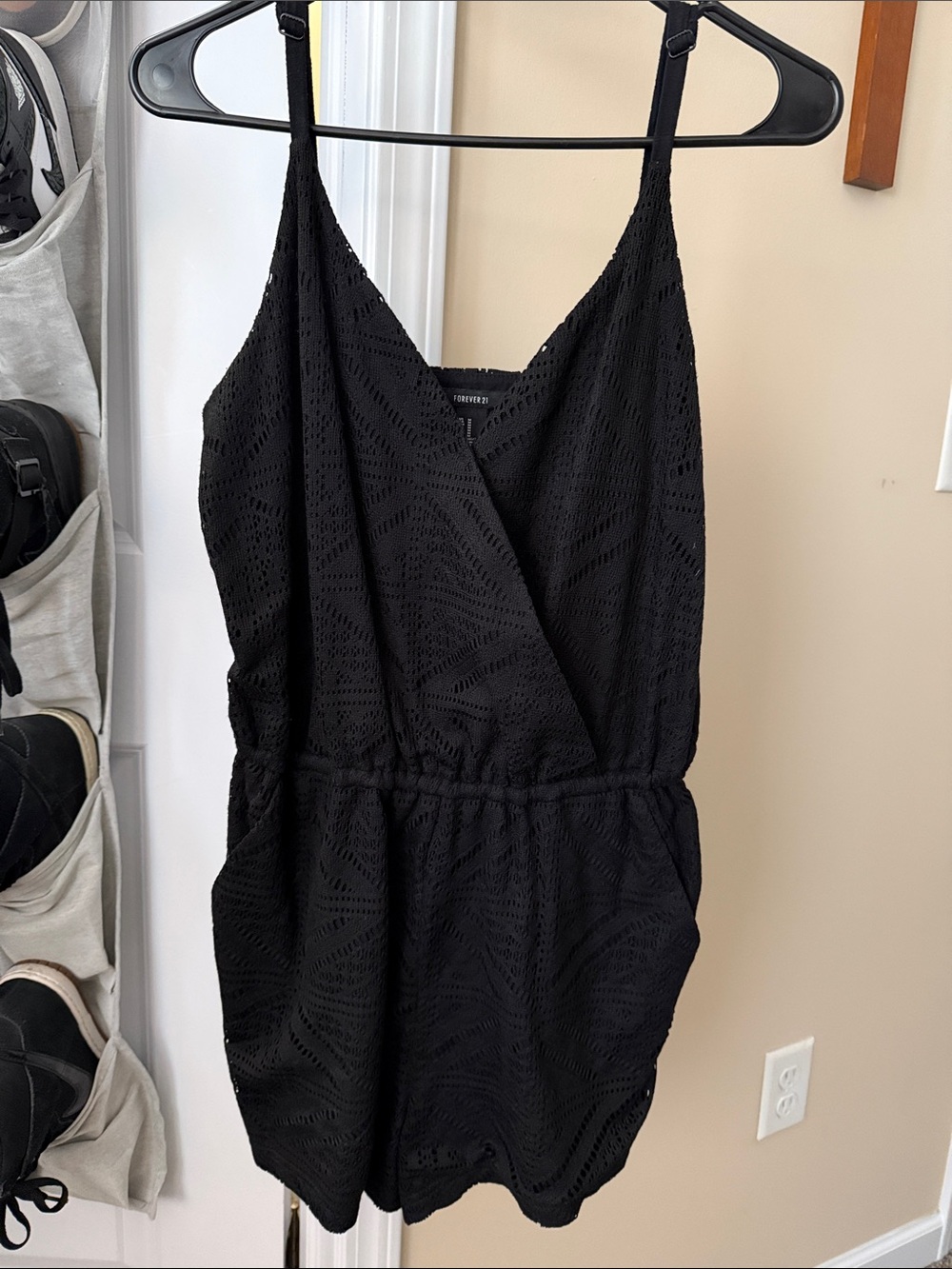 Forever 21 Black Eyelet Wrap Romper with Pockets